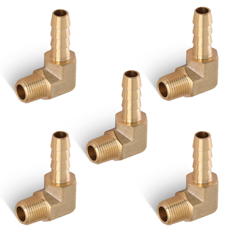 Boeray 5pcs Brass Hose Barb Fittings 90 Degree Elbow 1/4 Inch Barb to 1/8 Inch NPT Male Thread Air Hose Fittings Adapter Connector Water Fuel Air Line Fittings Elbow Fittings - Image 1